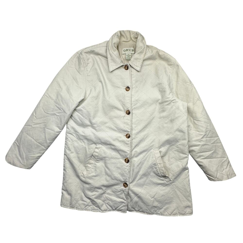 Orvis Lined Button Chore Coat Womens Large Beige Lined Collared Pockets